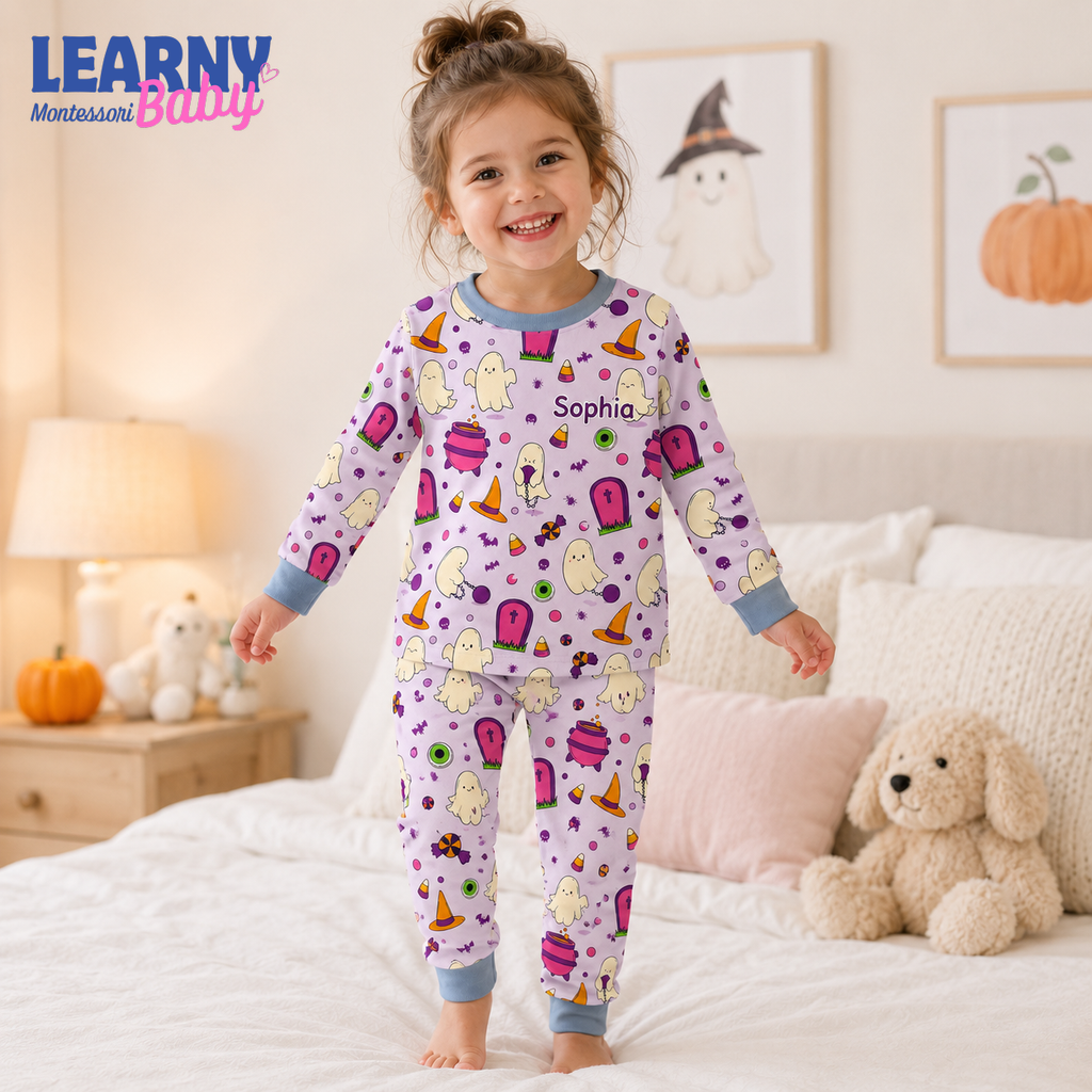 Personalized Pink Halloween Bamboo Pajamas for Girls, Custom Name Cute Ghost Witch Hat and Candy Sleepwear Set