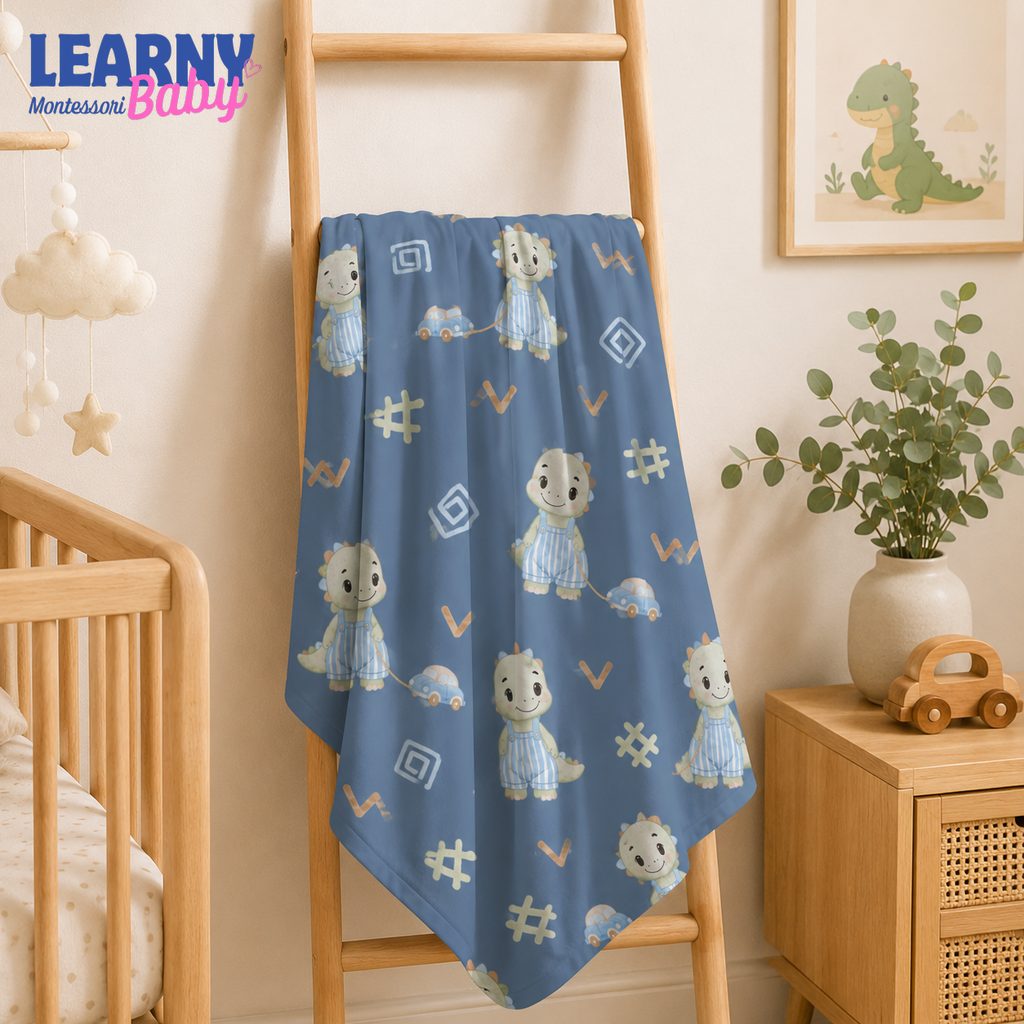 Blue Dinosaur Bamboo Baby Blanket, Cute Dino and Car Nursery Blanket, Soft Newborn Receiving Blanket for Baby Boys, Shower Gift