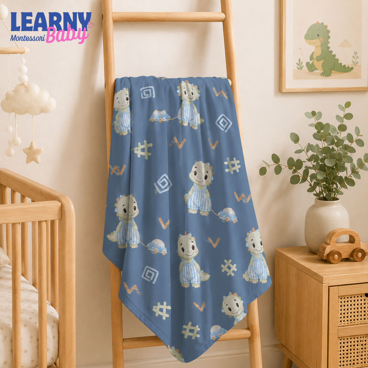 Blue Dinosaur Bamboo Baby Blanket, Cute Dino and Car Nursery Blanket, Soft Newborn Receiving Blanket for Baby Boys, Shower Gift