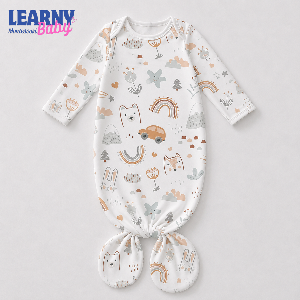 Newborn Baby Knotted Gown, Boho Rainbow Bamboo Sleeper, Gender Neutral Coming Home Outfit