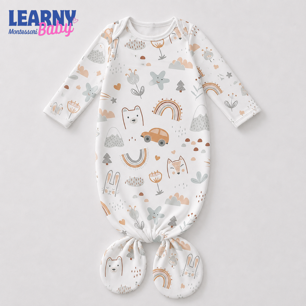 Newborn Baby Knotted Gown, Boho Rainbow Bamboo Sleeper, Gender Neutral Coming Home Outfit
