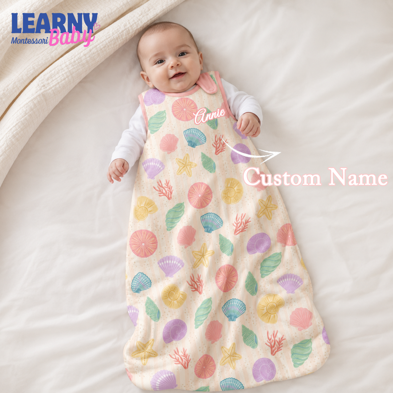 Pastel Seashell Bamboo Baby Sleep Bag, Ocean Theme Wearable Blanket, Bamboo Sleep Sack for Infant & Toddler, Bamboo Clothing