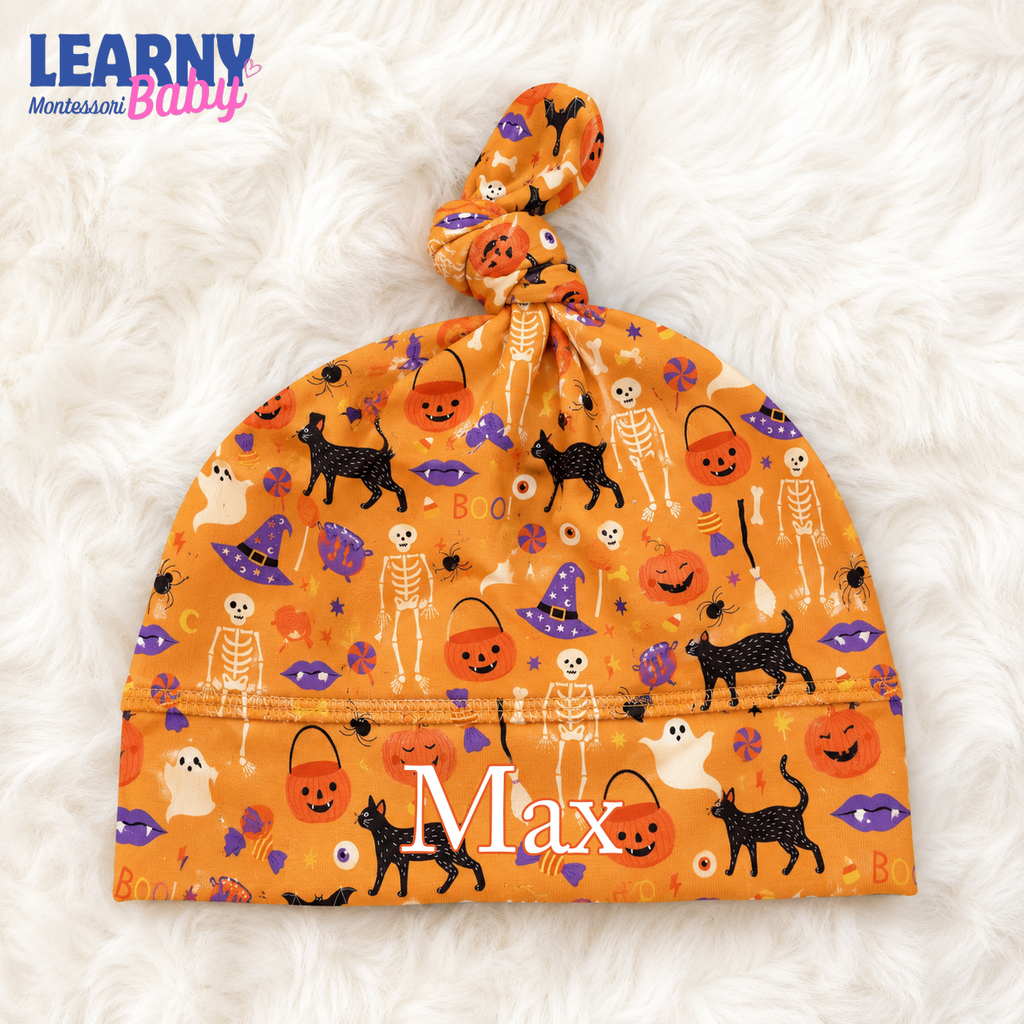 Personalized Orange Halloween Bamboo Baby Knotted Hat, Custom Name Pumpkin Skeleton Cat Newborn Beanie