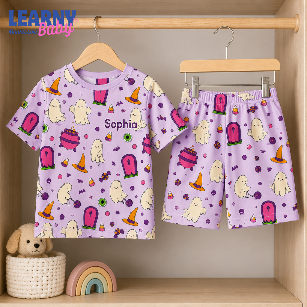 Personalized Pink Halloween Bamboo Pajamas for Girls, Custom Name Cute Ghost Witch Hat and Candy Sleepwear Set