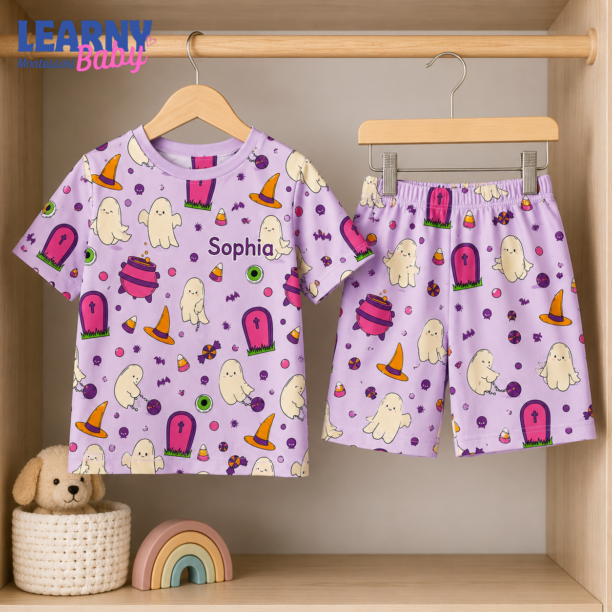 Personalized Pink Halloween Bamboo Pajamas for Girls, Custom Name Cute Ghost Witch Hat and Candy Sleepwear Set