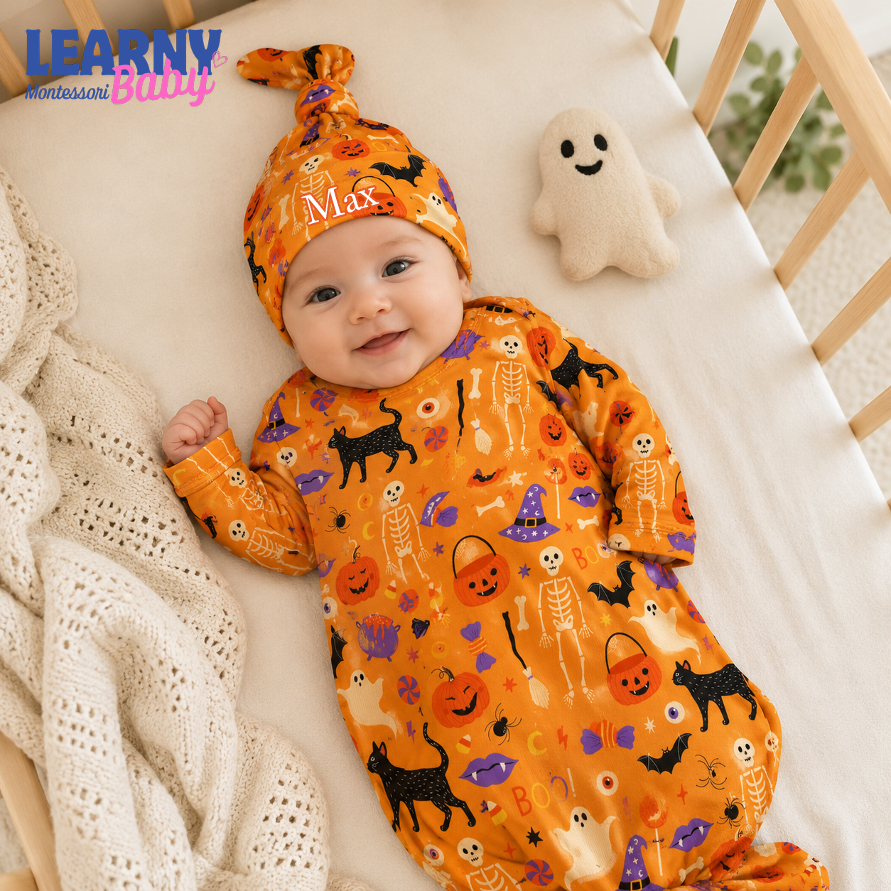 Personalized Orange Halloween Bamboo Baby Knotted Hat, Custom Name Pumpkin Skeleton Cat Newborn Beanie