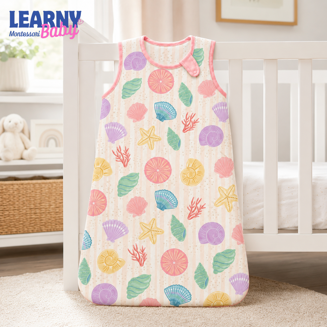 Pastel Seashell Bamboo Baby Sleep Sack, Ocean Theme Wearable Blanket for Infant and Toddler, Baby Girl Gift