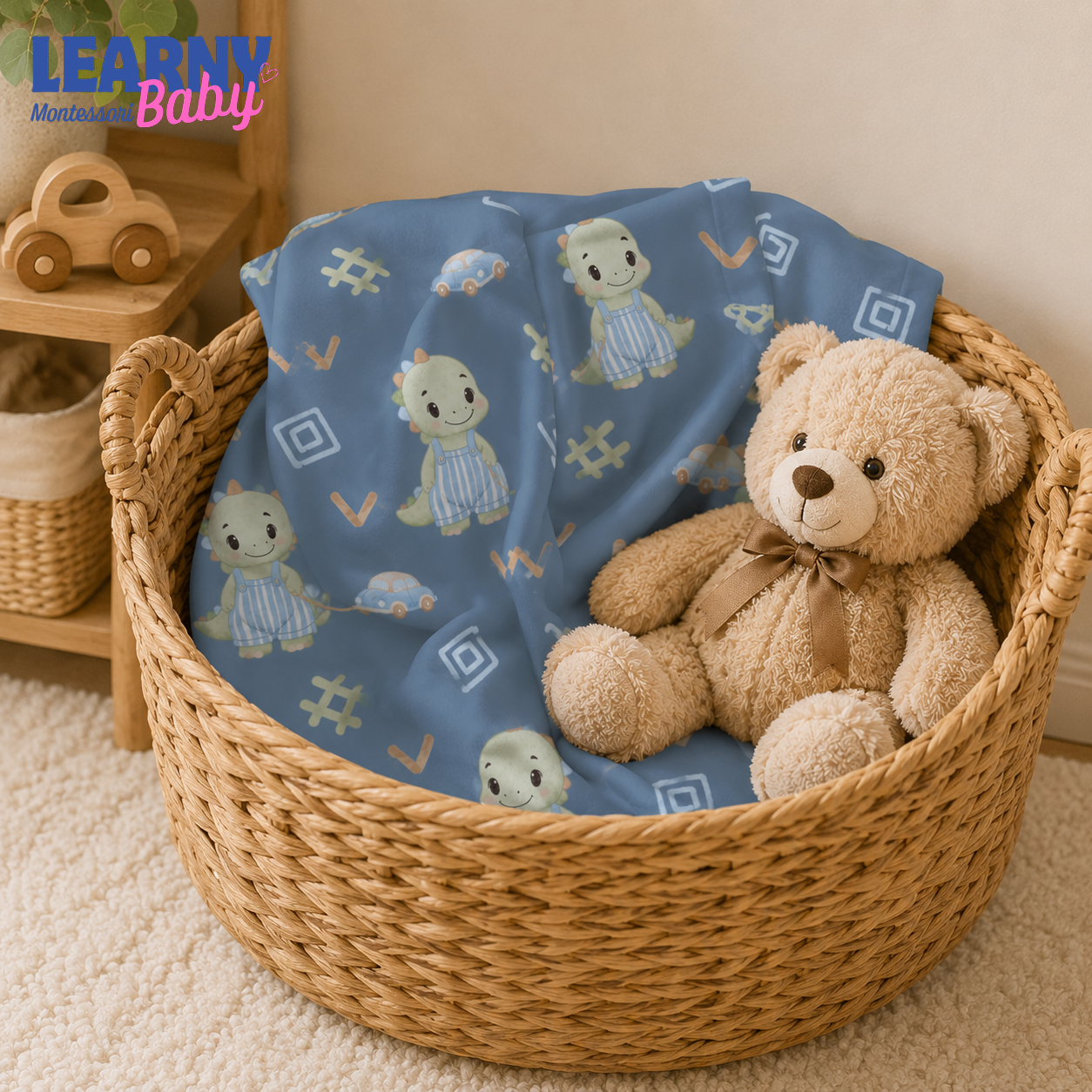 Blue Dinosaur Bamboo Baby Blanket, Cute Dino and Car Nursery Blanket, Soft Newborn Receiving Blanket for Baby Boys, Shower Gift