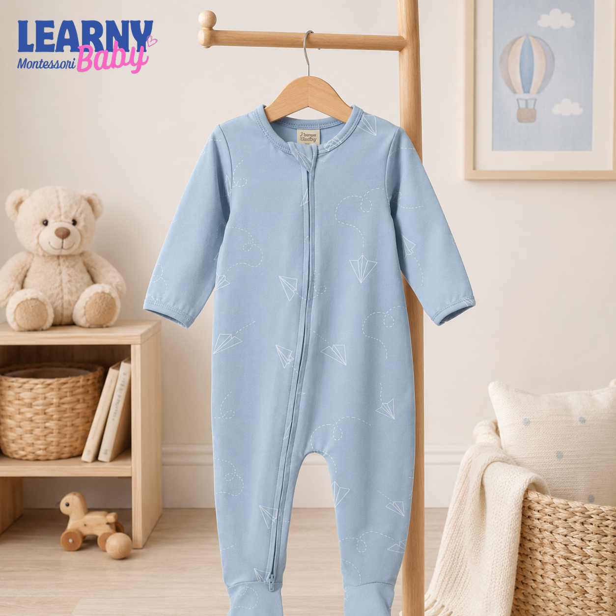 Blue Paper Airplane Bamboo Zippy Footie – Baby Zip Pajamas