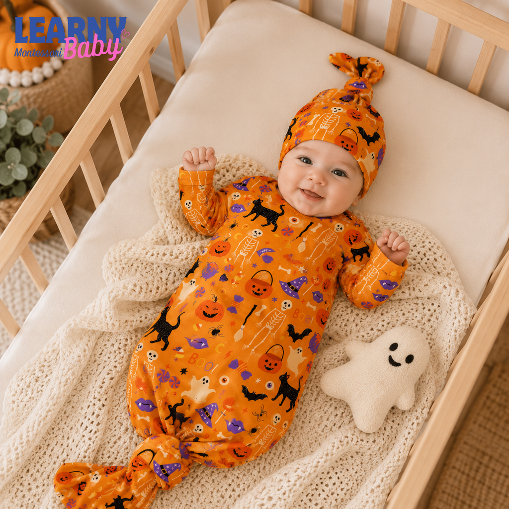 Personalized Orange Halloween Bamboo Baby Knotted Hat, Custom Name Pumpkin Skeleton Cat Newborn Beanie