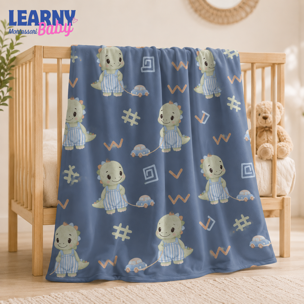 Blue Dinosaur Bamboo Baby Blanket, Cute Dino and Car Nursery Blanket, Soft Newborn Receiving Blanket for Baby Boys, Shower Gift