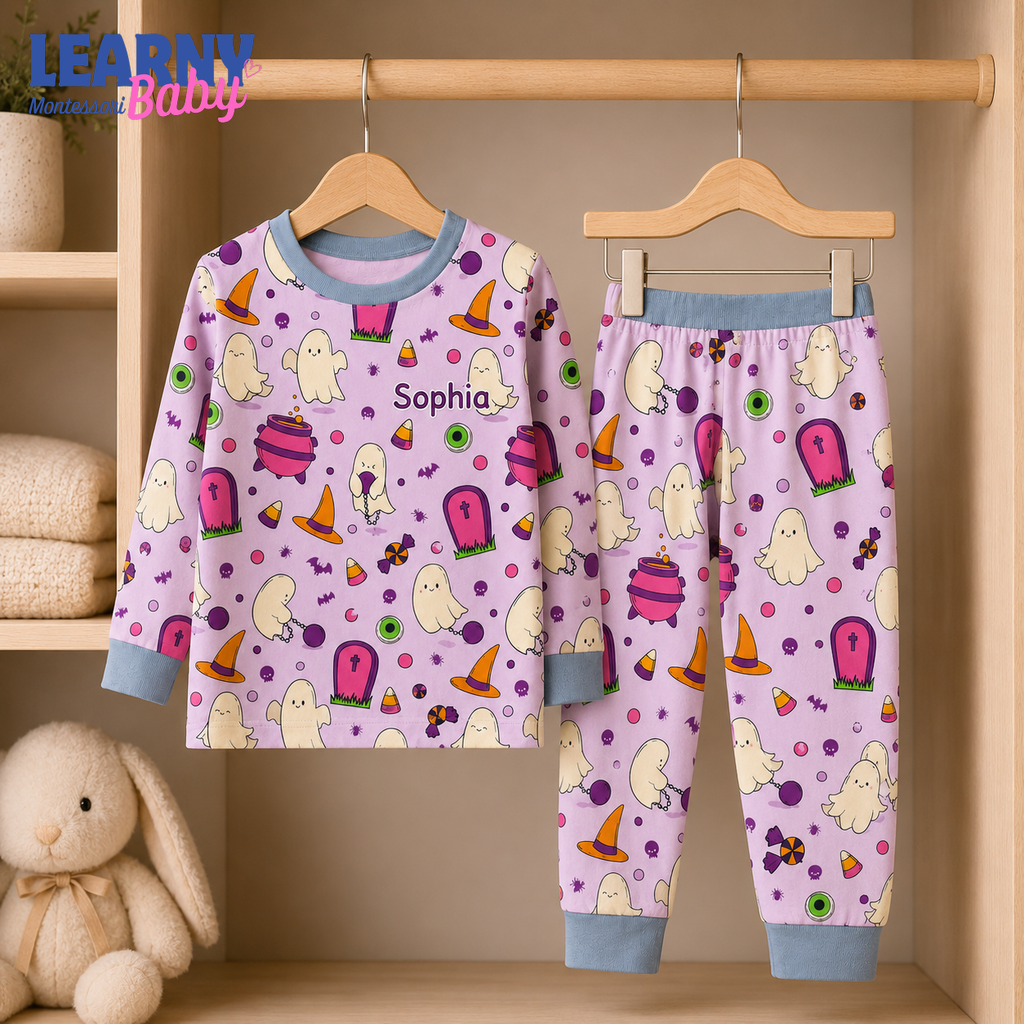 Personalized Pink Halloween Bamboo Pajamas for Girls, Custom Name Cute Ghost Witch Hat and Candy Sleepwear Set