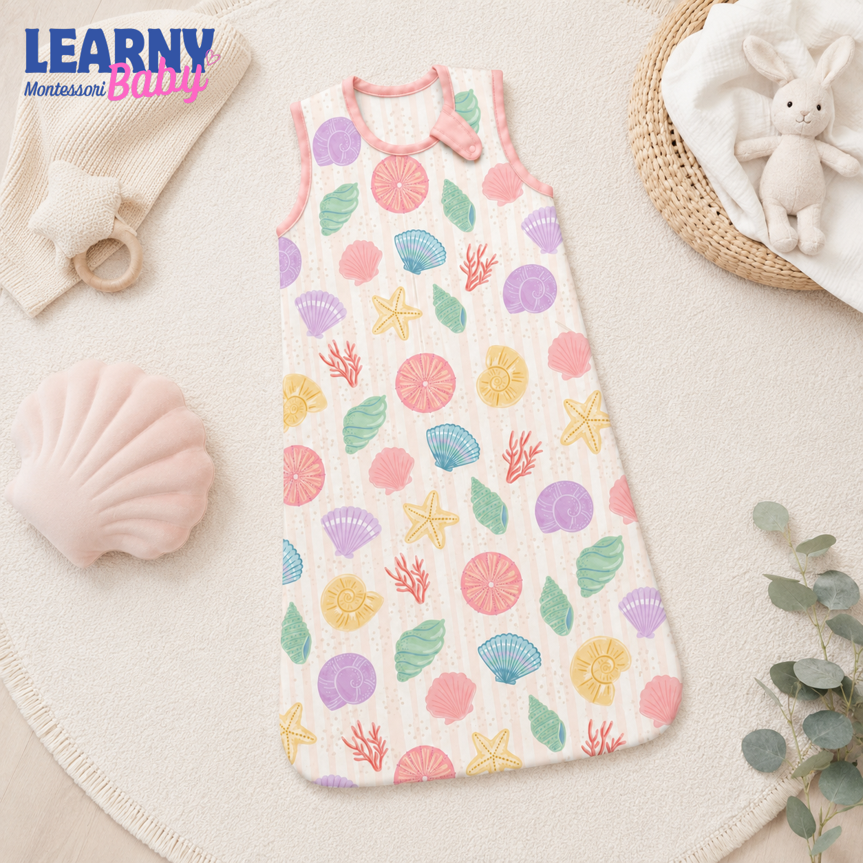 Pastel Seashell Bamboo Baby Sleep Sack, Ocean Theme Wearable Blanket for Infant and Toddler, Baby Girl Gift