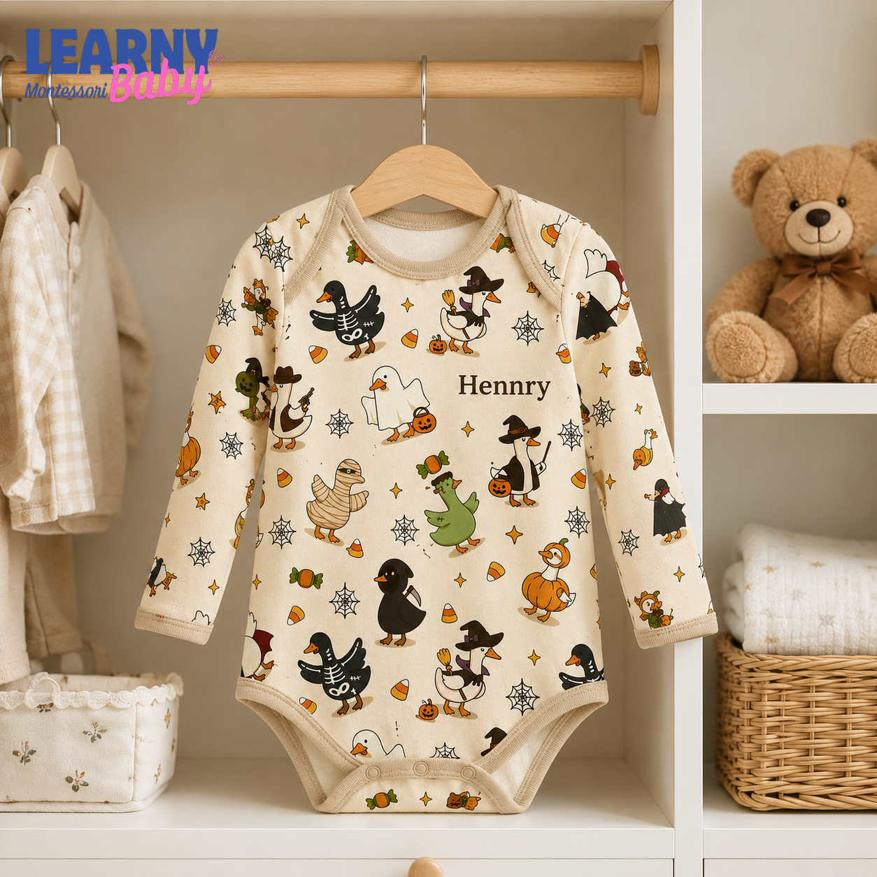 Bamboo Baby Bodysuit, Personalized Halloween Duck Baby Onesie, Soft Bamboo Viscose Infant Bodysuit