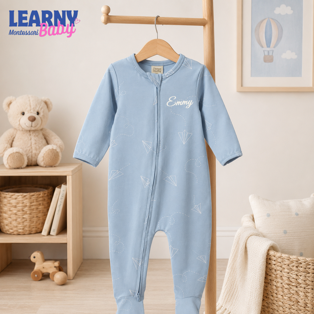 Blue Paper Airplane Bamboo Zippy Footie – Baby Zip Pajamas