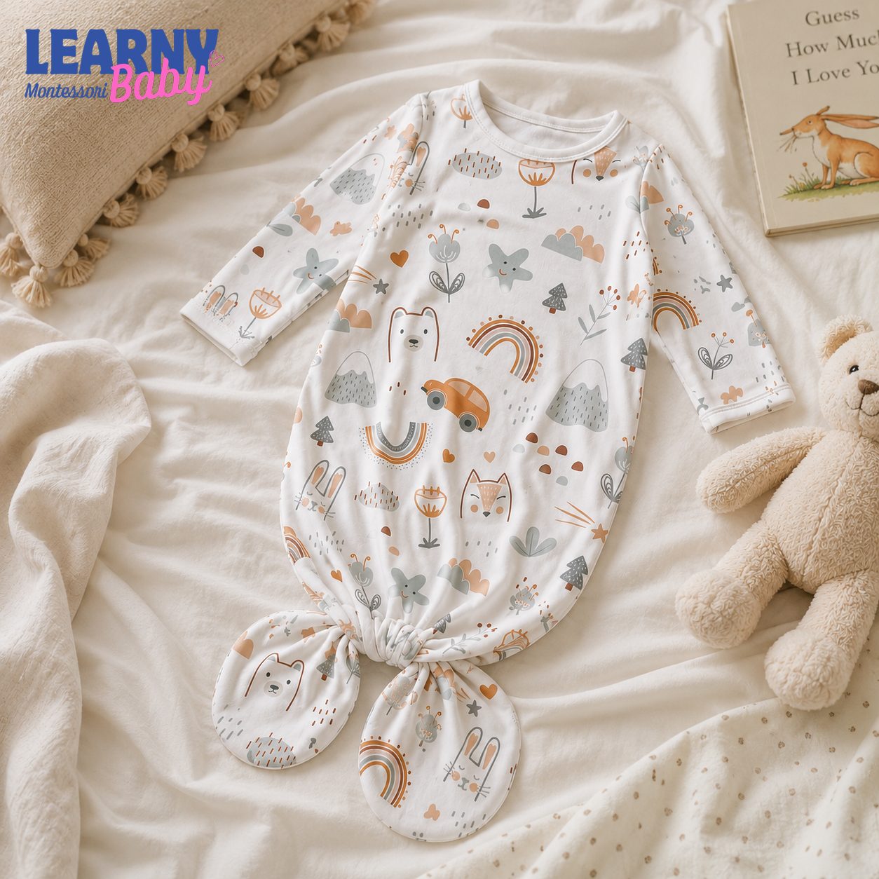 Newborn Baby Knotted Gown, Boho Rainbow Bamboo Sleeper, Gender Neutral Coming Home Outfit