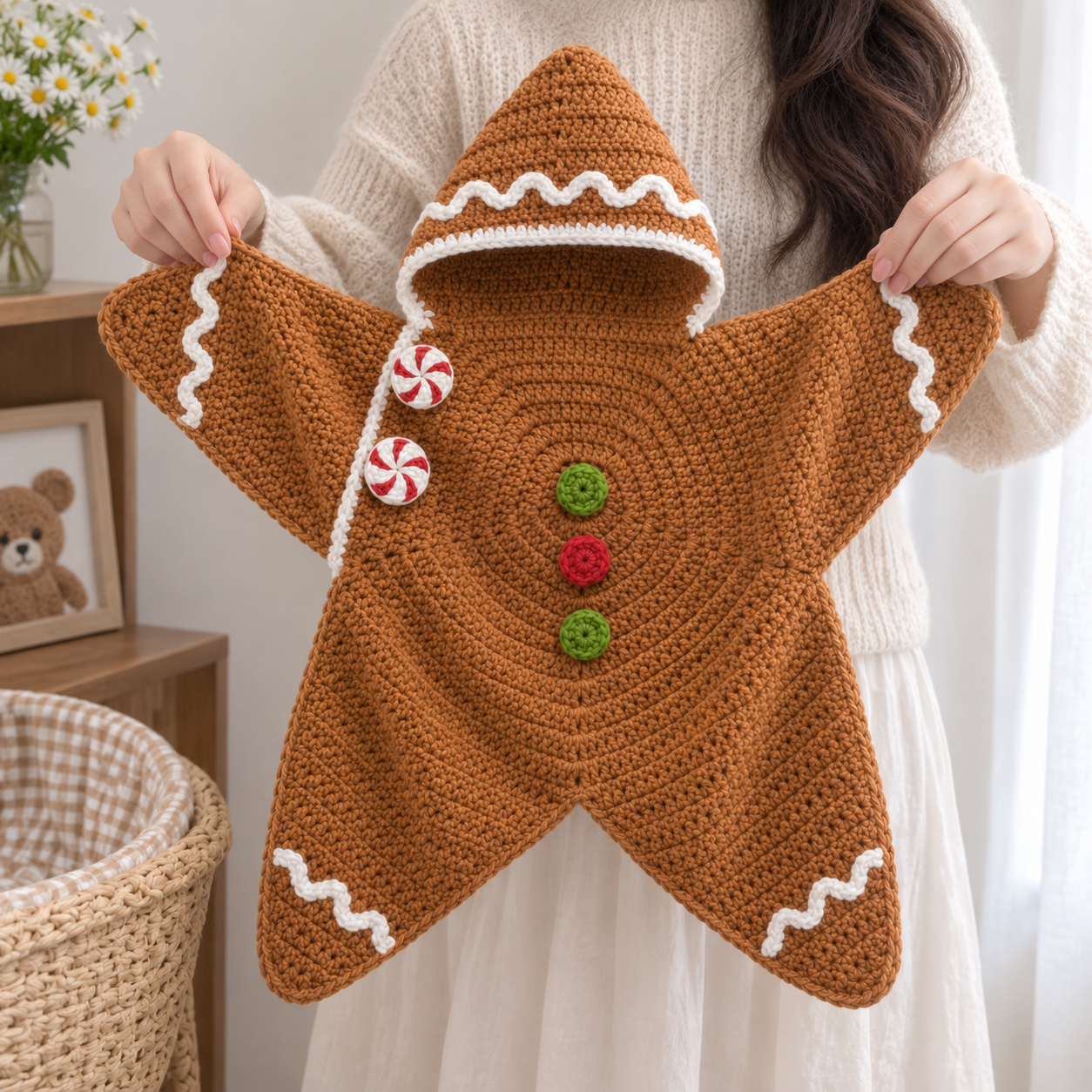 Crochet Gingerbread Star Baby Cocoon – Handmade Christmas Baby Outfit