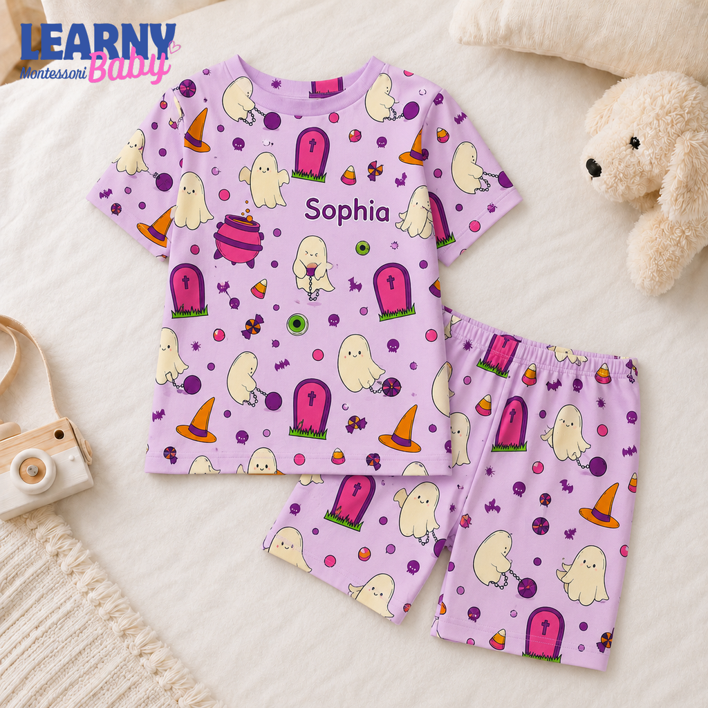 Personalized Pink Halloween Bamboo Pajamas for Girls, Custom Name Cute Ghost Witch Hat and Candy Sleepwear Set