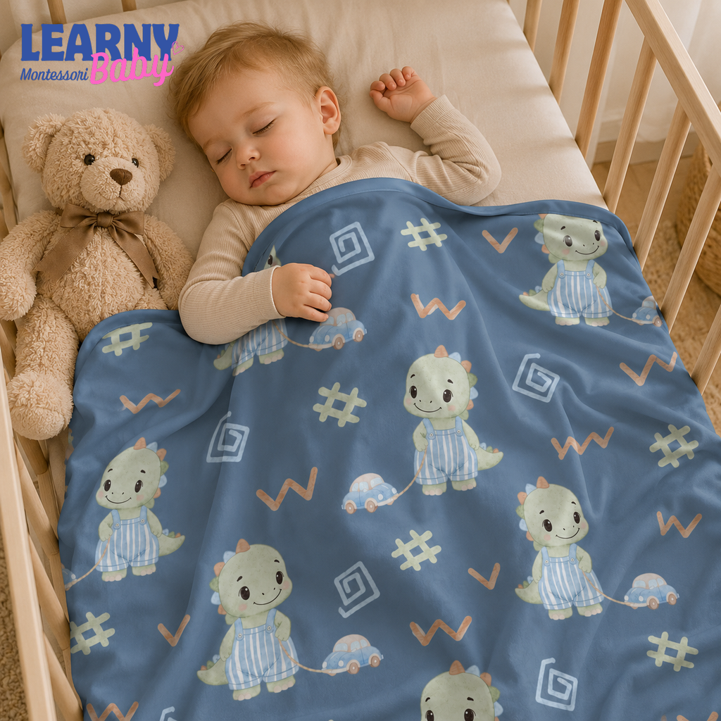 Blue Dinosaur Bamboo Baby Blanket, Cute Dino and Car Nursery Blanket, Soft Newborn Receiving Blanket for Baby Boys, Shower Gift
