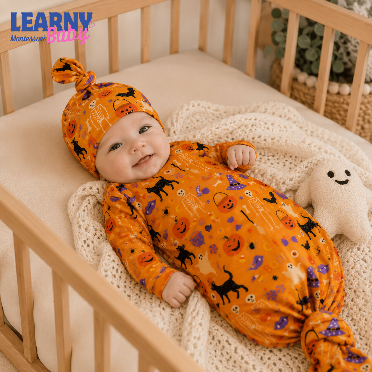 Personalized Orange Halloween Bamboo Baby Knotted Hat, Custom Name Pumpkin Skeleton Cat Newborn Beanie