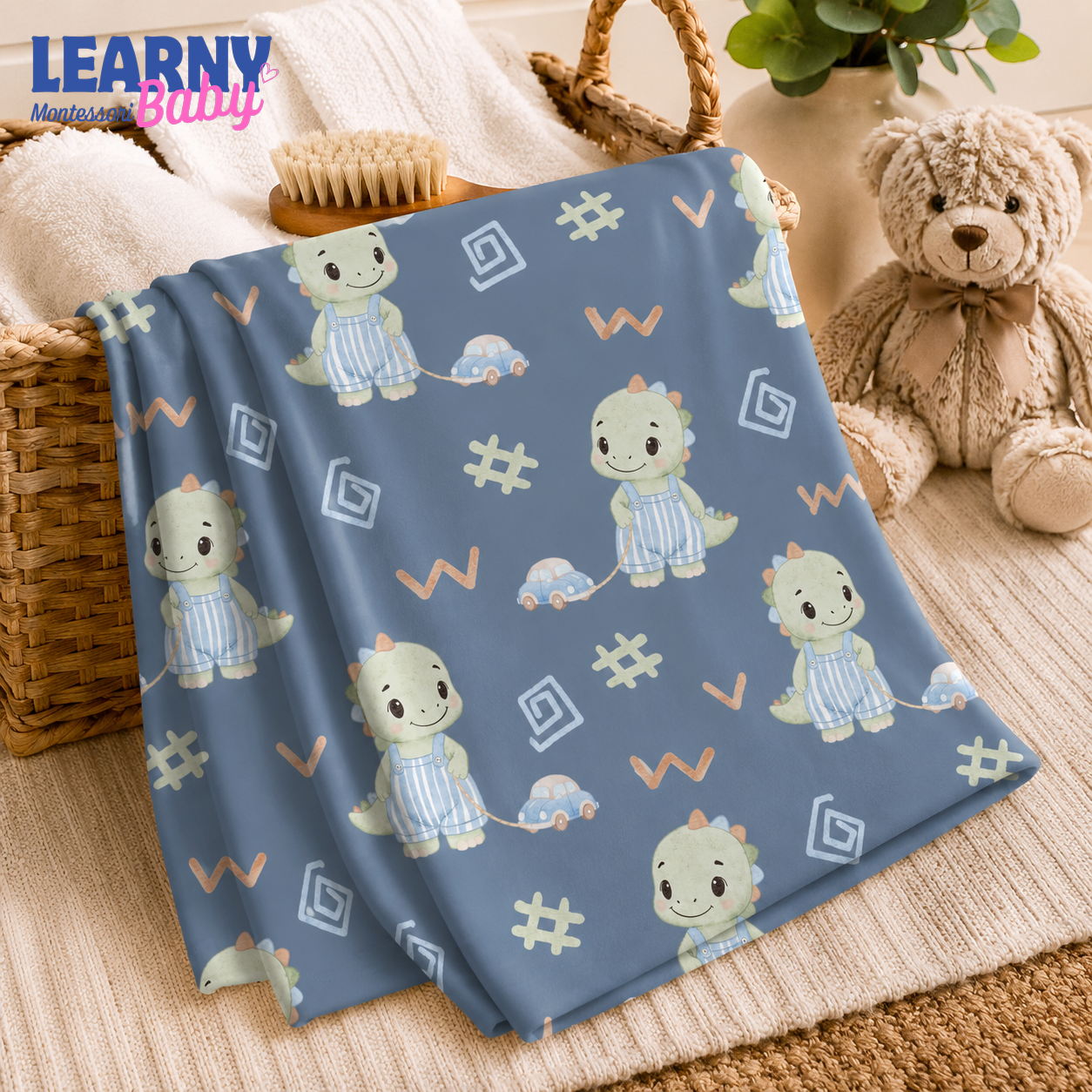 Blue Dinosaur Bamboo Baby Blanket, Cute Dino and Car Nursery Blanket, Soft Newborn Receiving Blanket for Baby Boys, Shower Gift