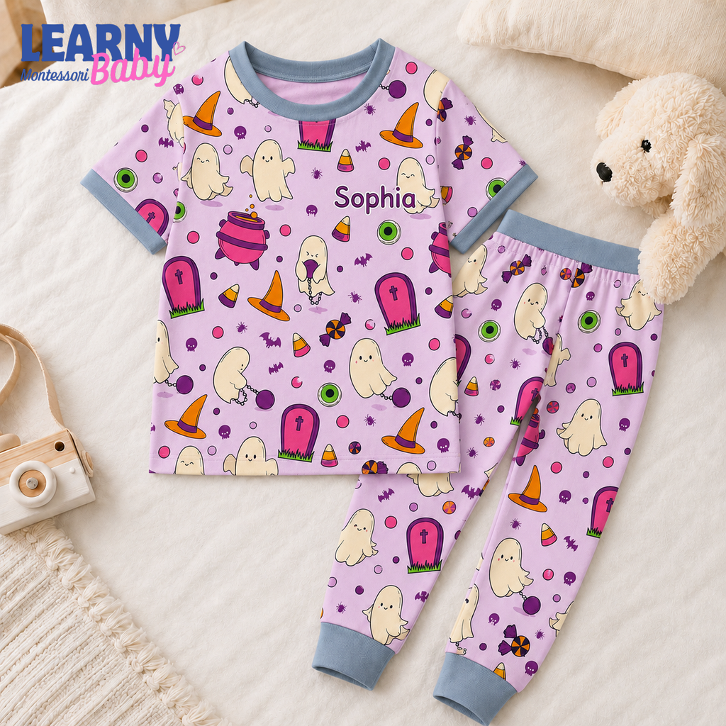 Personalized Pink Halloween Bamboo Pajamas for Girls, Custom Name Cute Ghost Witch Hat and Candy Sleepwear Set