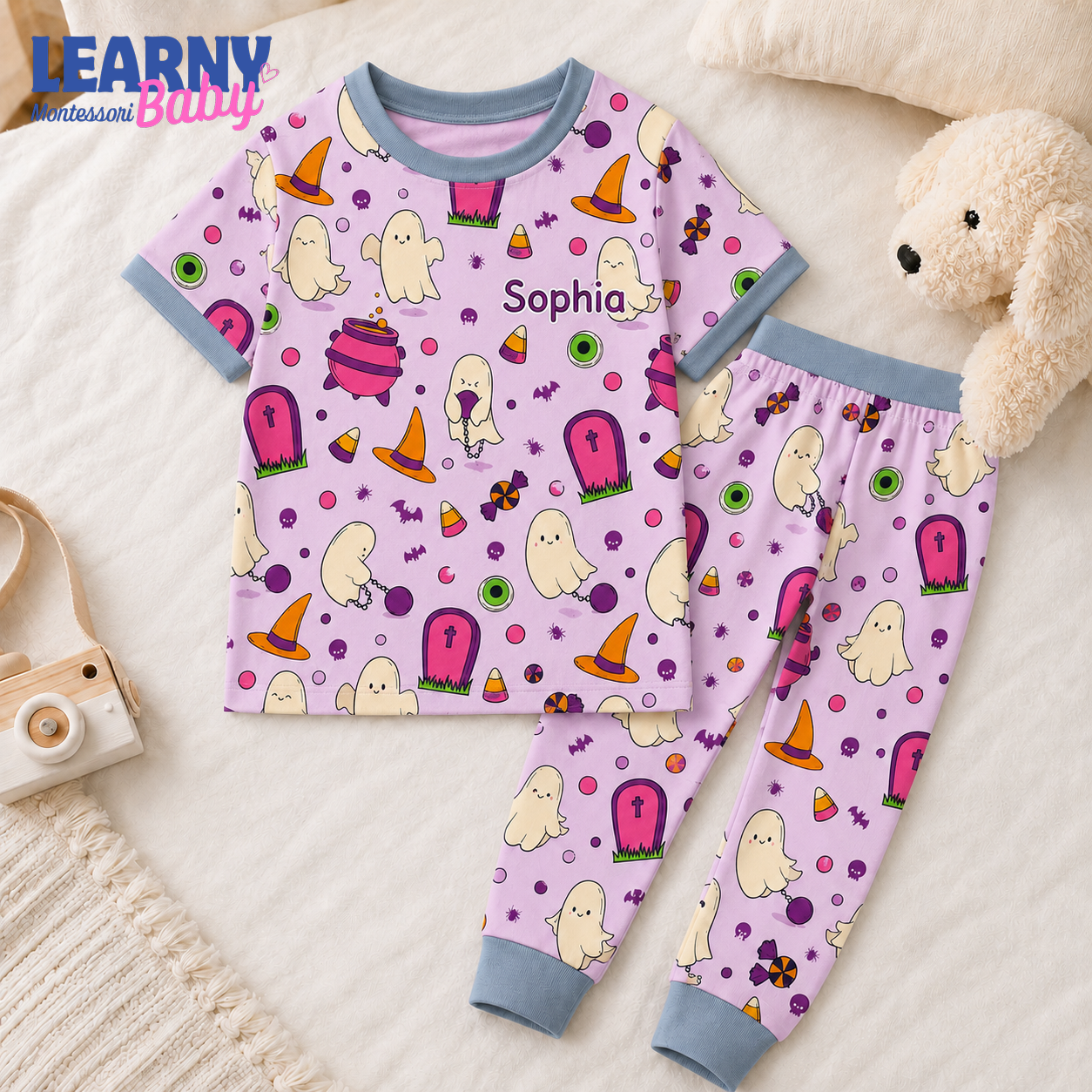 Personalized Pink Halloween Bamboo Pajamas for Girls, Custom Name Cute Ghost Witch Hat and Candy Sleepwear Set