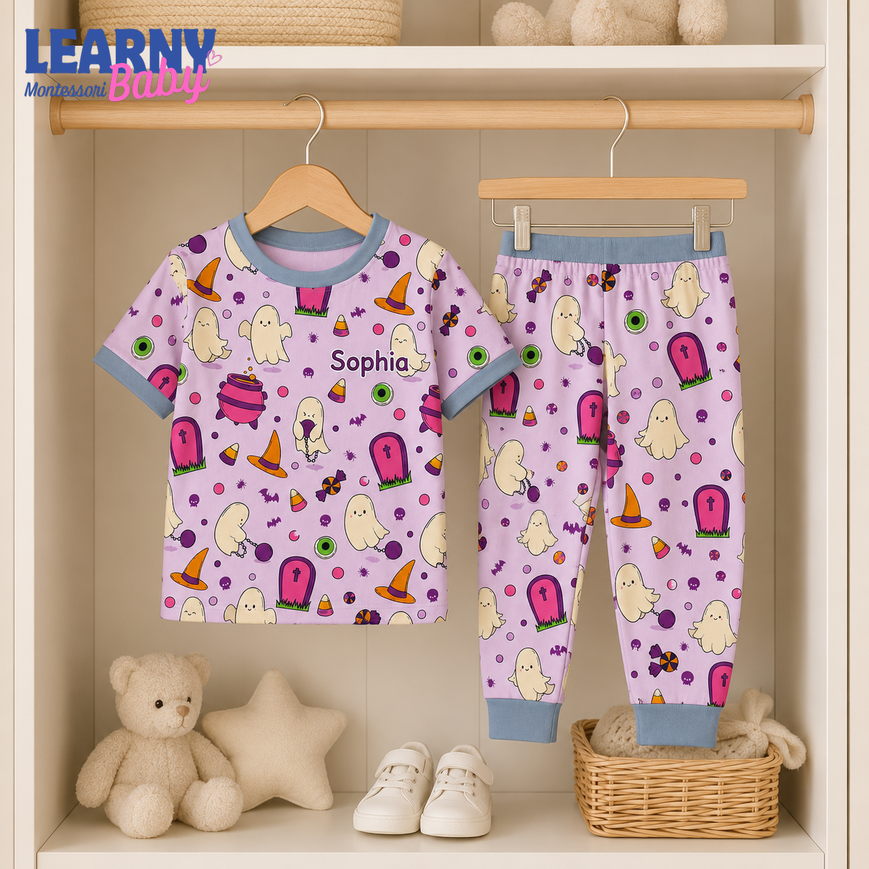Personalized Pink Halloween Bamboo Pajamas for Girls, Custom Name Cute Ghost Witch Hat and Candy Sleepwear Set