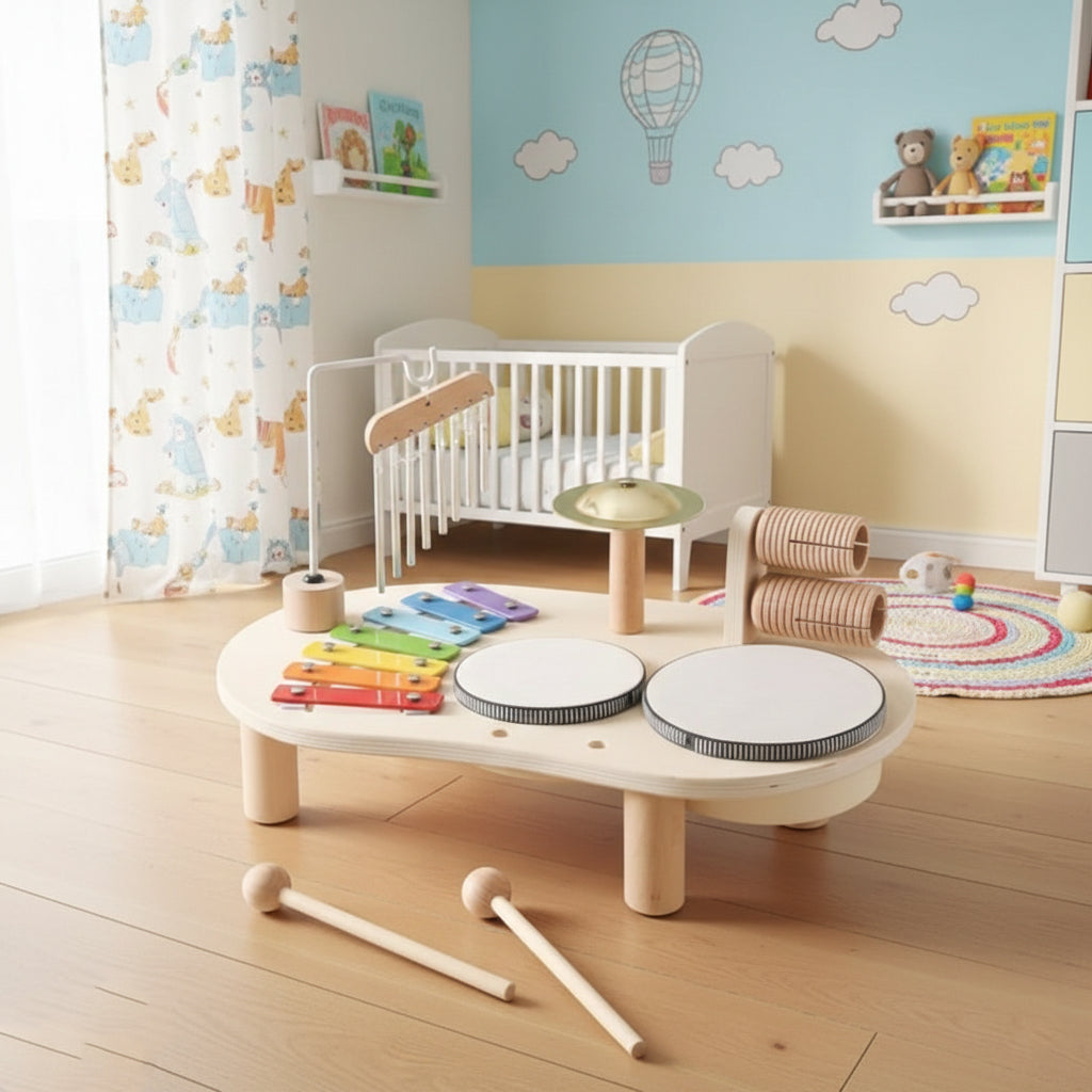 Wooden Musical Toy for Babies, Drum & Xylophone Montessori Music Table, Early Music & Fine Motor Skills, Ages 1–3