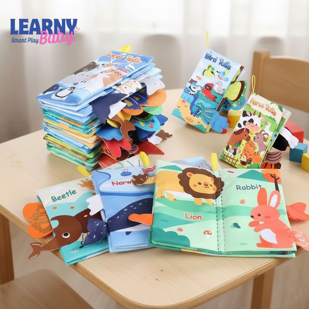 Baby Cloth Book with Cartoon Animal Tails, Ringed Soft Sensory Book for Infants 0–12 Months, Montessori Early Learning Toy, Educational Crinkle Baby Book Gift LBBB03