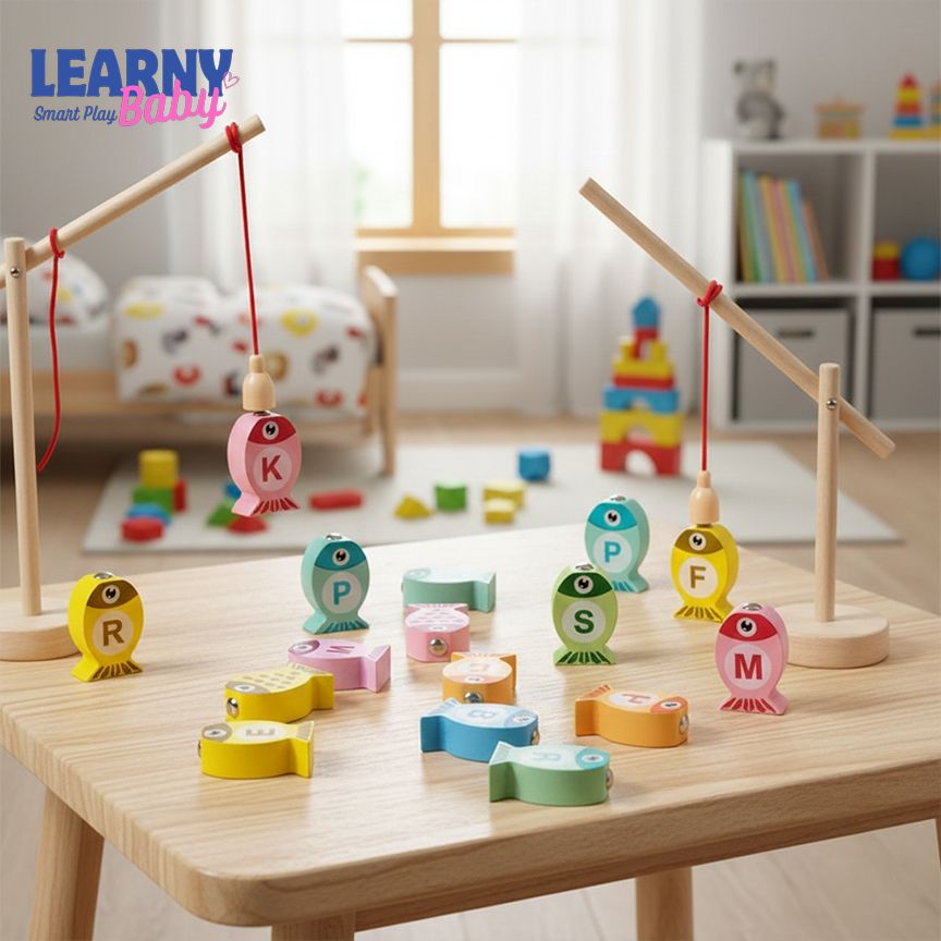 Kids Wooden Fishing Game Toy, Alphabet & Number Learning Puzzle, Fine Motor & Early Education, Ages 2–5