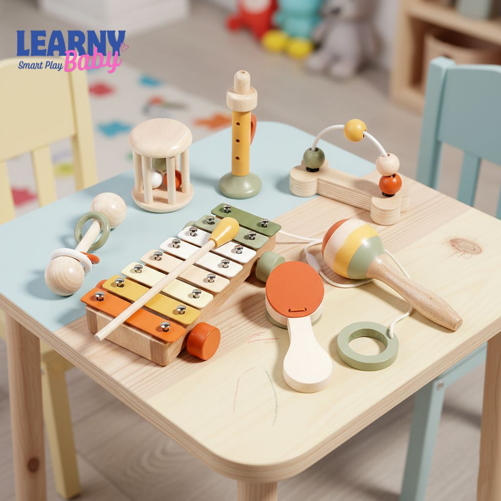 Baby Handheld Bell Musical Toy, Montessori Wooden Gripping Percussion Instrument, Early Music & Fine Motor Skills, Ages 6M–3Y