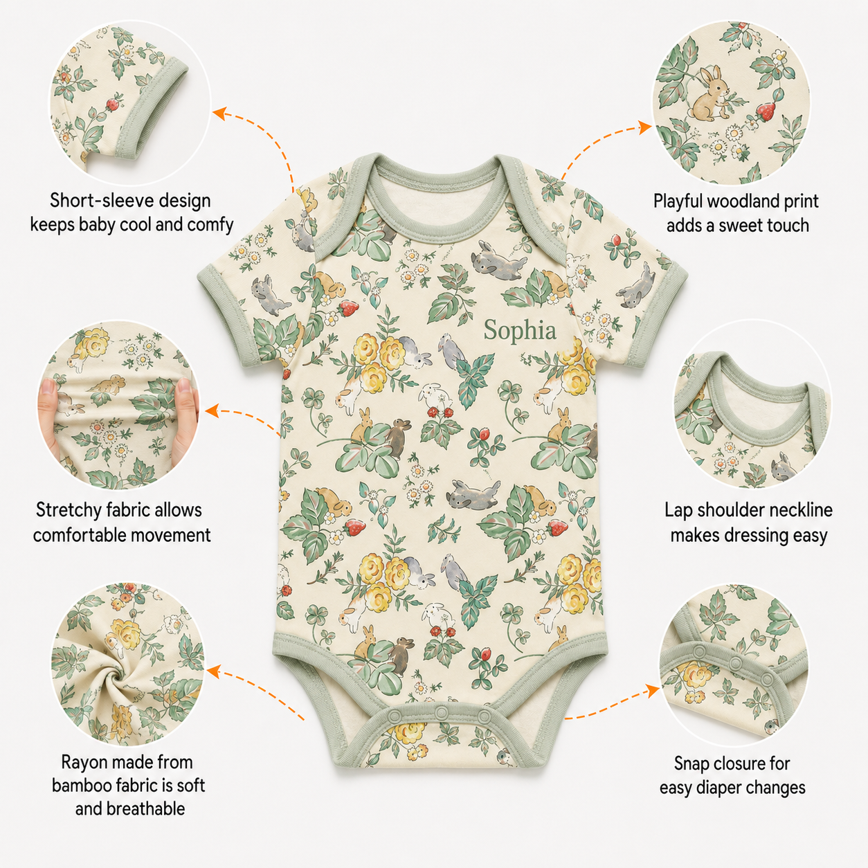 Bamboo Baby Bodysuit, Personalized Woodland Bunny Baby Onesie, Soft Bamboo Viscose Newborn Bodysuit