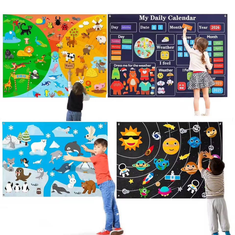 Felt Story Busy Board Set for Toddlers, Montessori Preschool Calendar, Animals & Solar System Learning Activity Gift