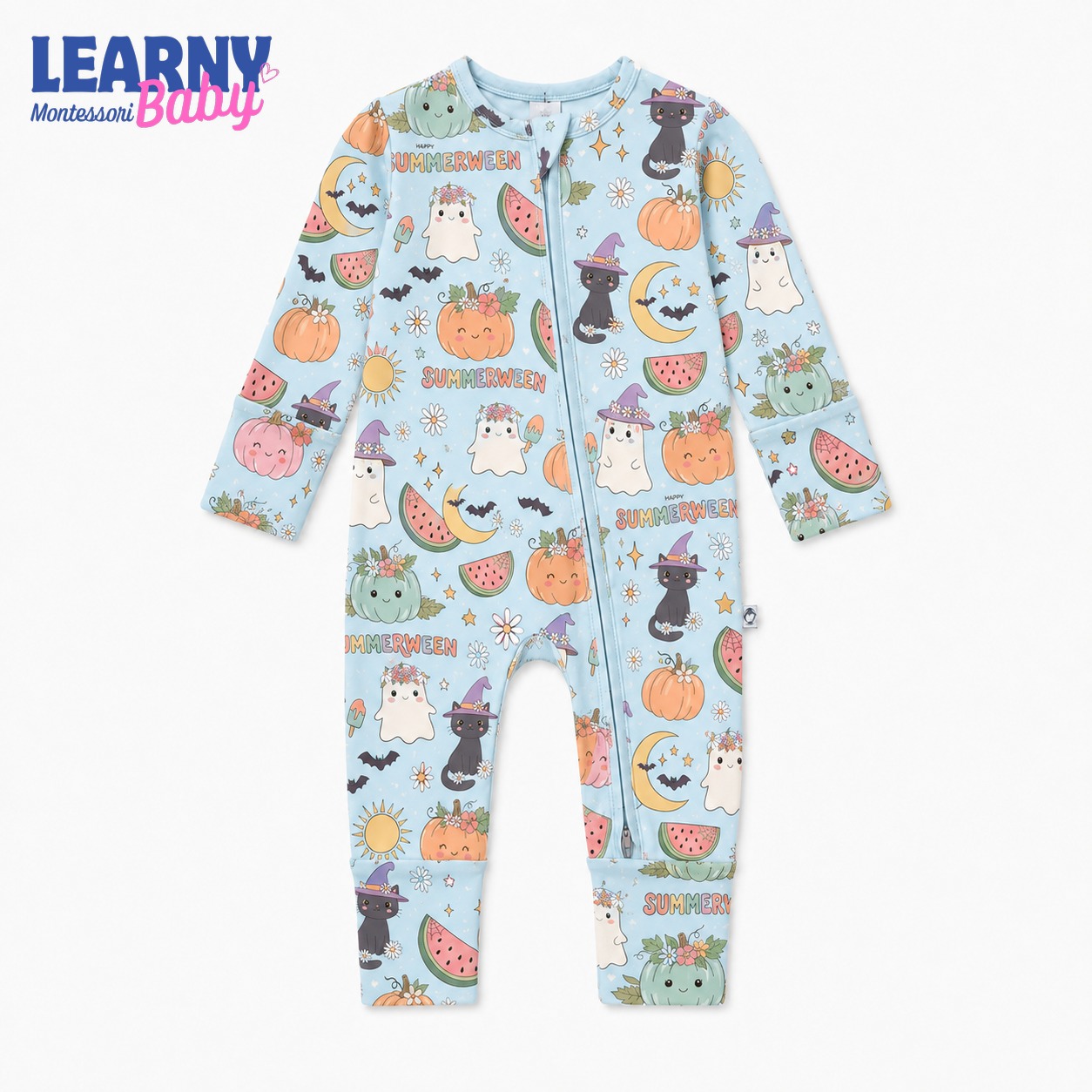 Summerween Ghost & Black Cat Convertible Zippy – Baby’s First Halloween Pajamas