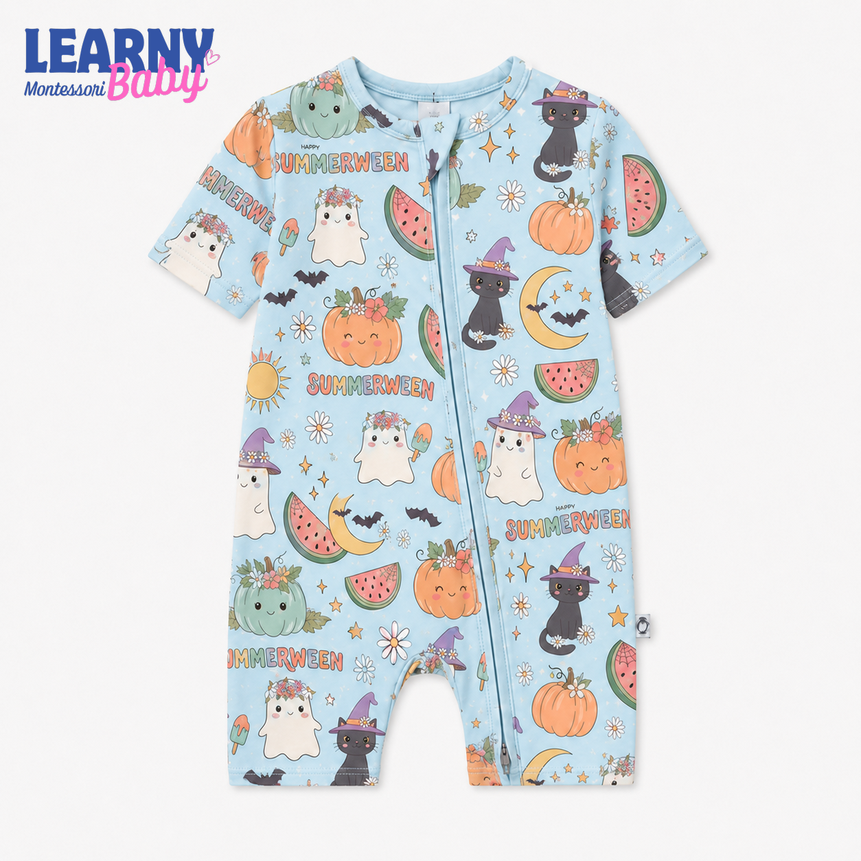Summerween Ghost & Black Cat Convertible Zippy – Baby’s First Halloween Pajamas