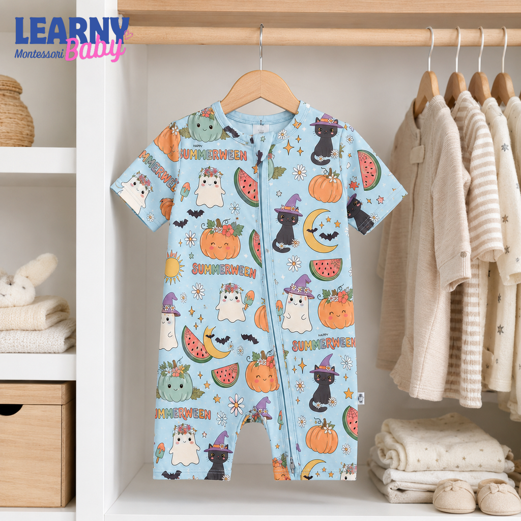 Summerween Ghost & Black Cat Convertible Zippy – Baby’s First Halloween Pajamas