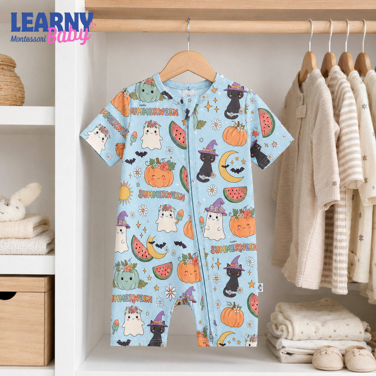 Summerween Ghost & Black Cat Convertible Zippy – Baby’s First Halloween Pajamas