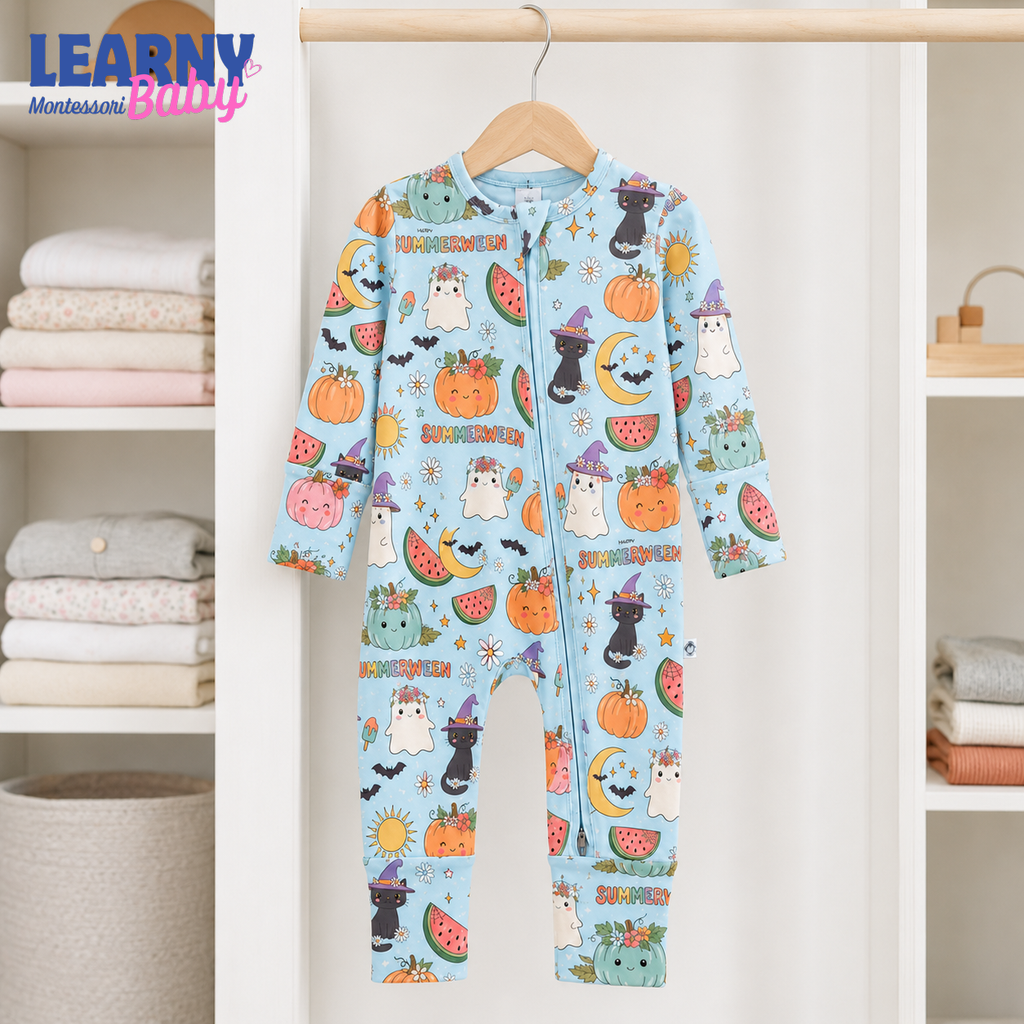 Summerween Ghost & Black Cat Convertible Zippy – Baby’s First Halloween Pajamas