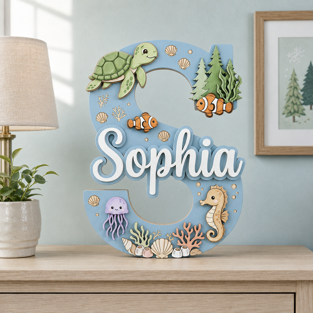 Personalized Ocean Name Sign, Sea Animals Nursery Wall Decor, Turtle Seahorse Kids Room Sign, Custom Baby Name Sign