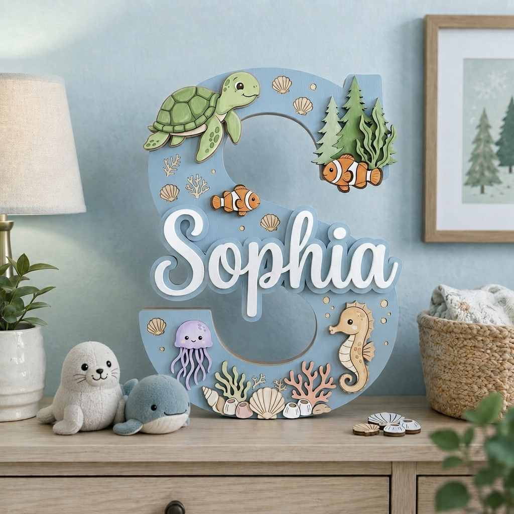 Personalized Ocean Name Sign, Sea Animals Nursery Wall Decor, Turtle Seahorse Kids Room Sign, Custom Baby Name Sign