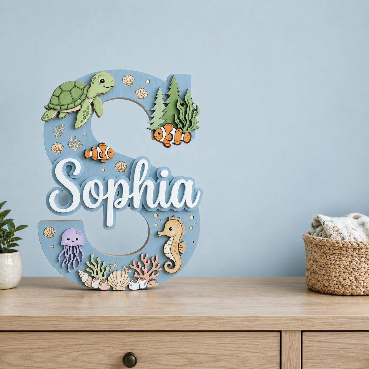 Personalized Ocean Name Sign, Sea Animals Nursery Wall Decor, Turtle Seahorse Kids Room Sign, Custom Baby Name Sign