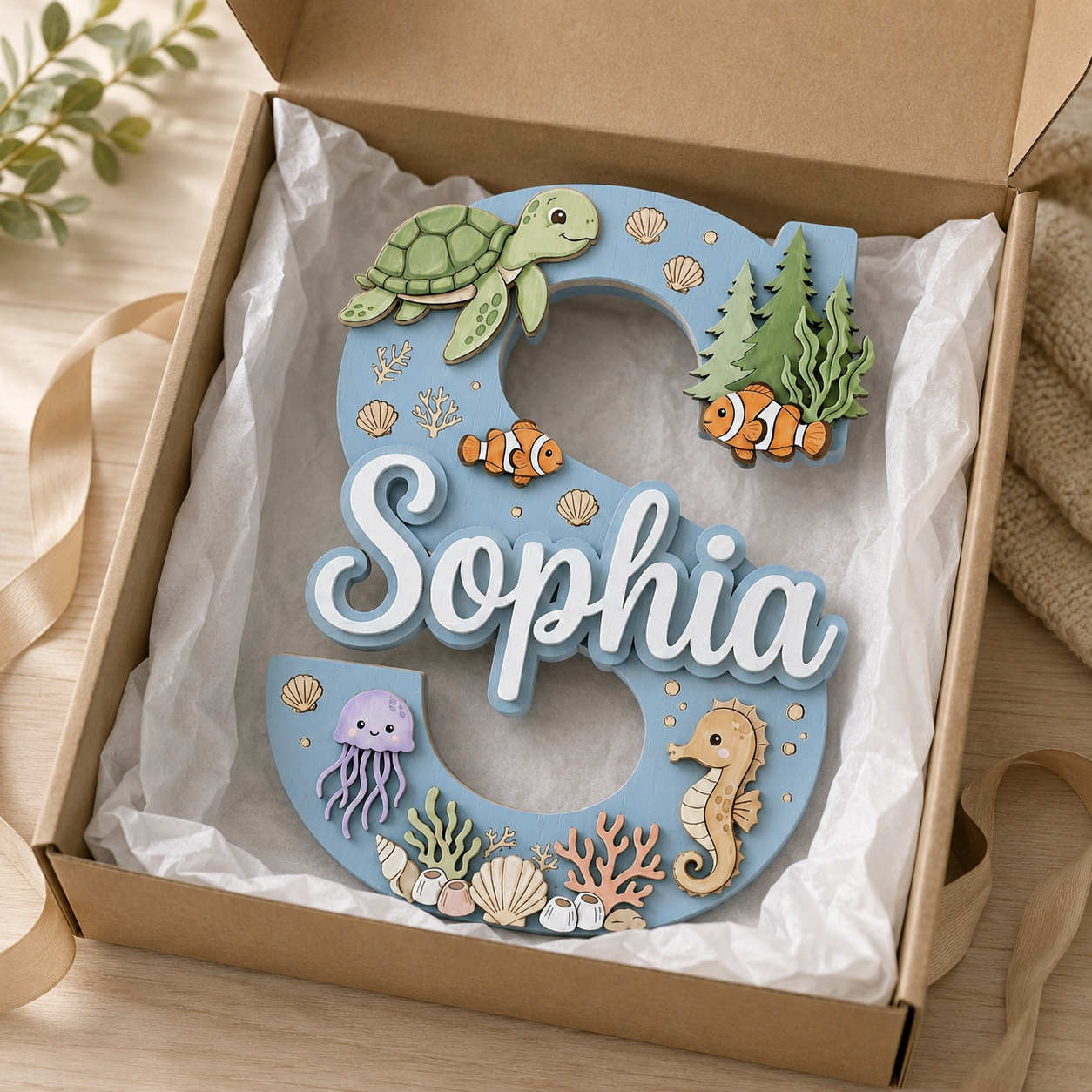 Personalized Ocean Name Sign, Sea Animals Nursery Wall Decor, Turtle Seahorse Kids Room Sign, Custom Baby Name Sign