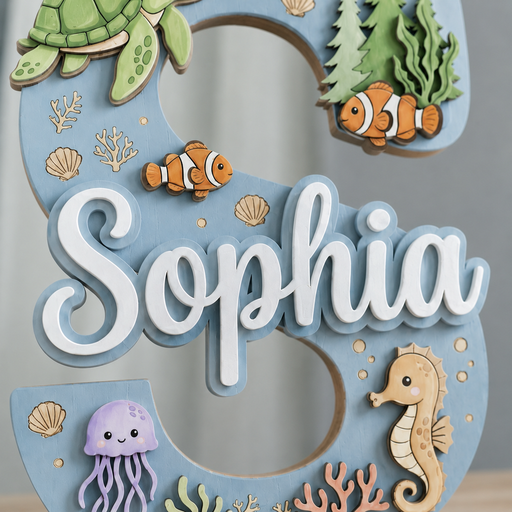 Personalized Ocean Name Sign, Sea Animals Nursery Wall Decor, Turtle Seahorse Kids Room Sign, Custom Baby Name Sign