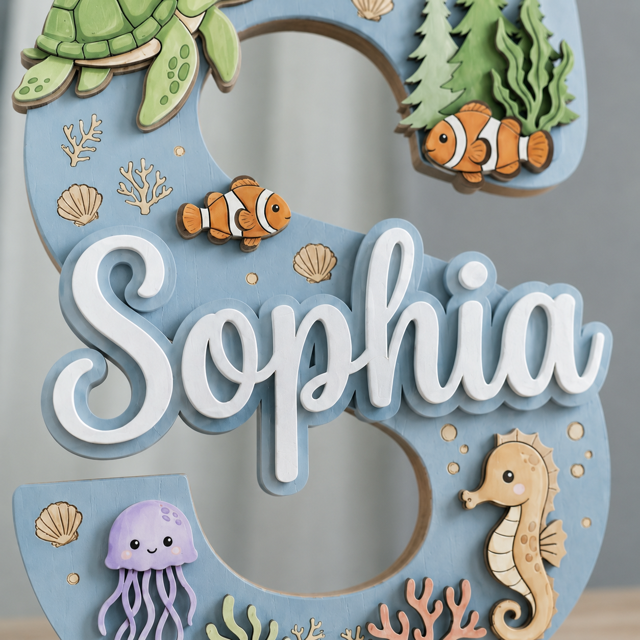 Personalized Ocean Name Sign, Sea Animals Nursery Wall Decor, Turtle Seahorse Kids Room Sign, Custom Baby Name Sign