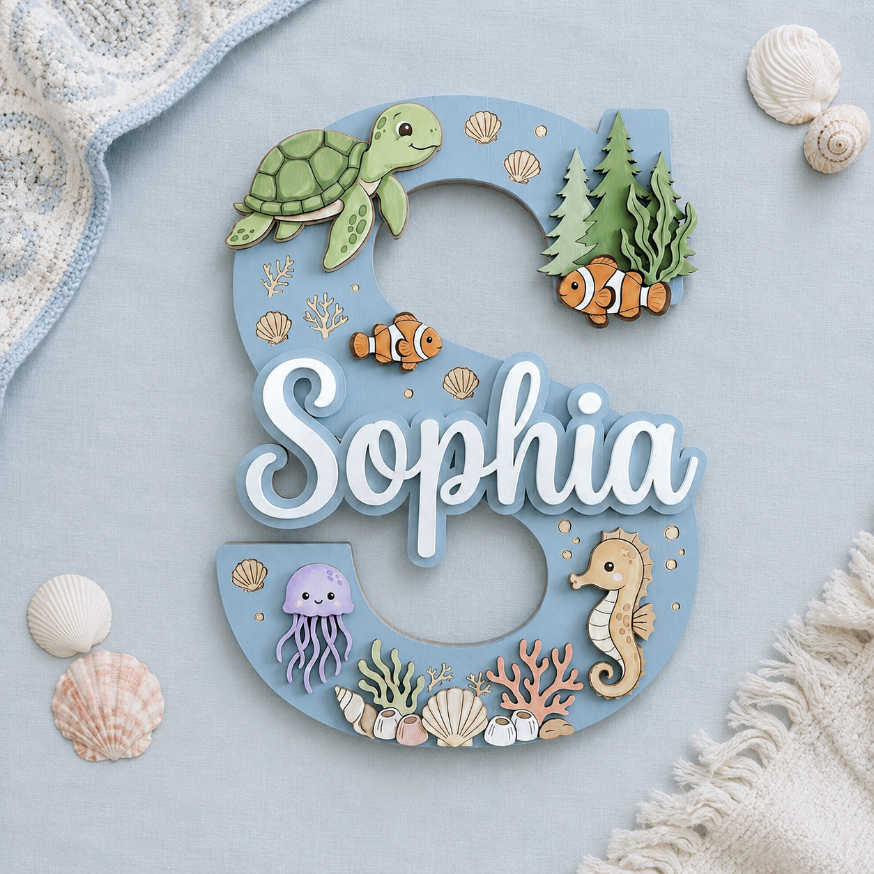 Personalized Ocean Name Sign, Sea Animals Nursery Wall Decor, Turtle Seahorse Kids Room Sign, Custom Baby Name Sign