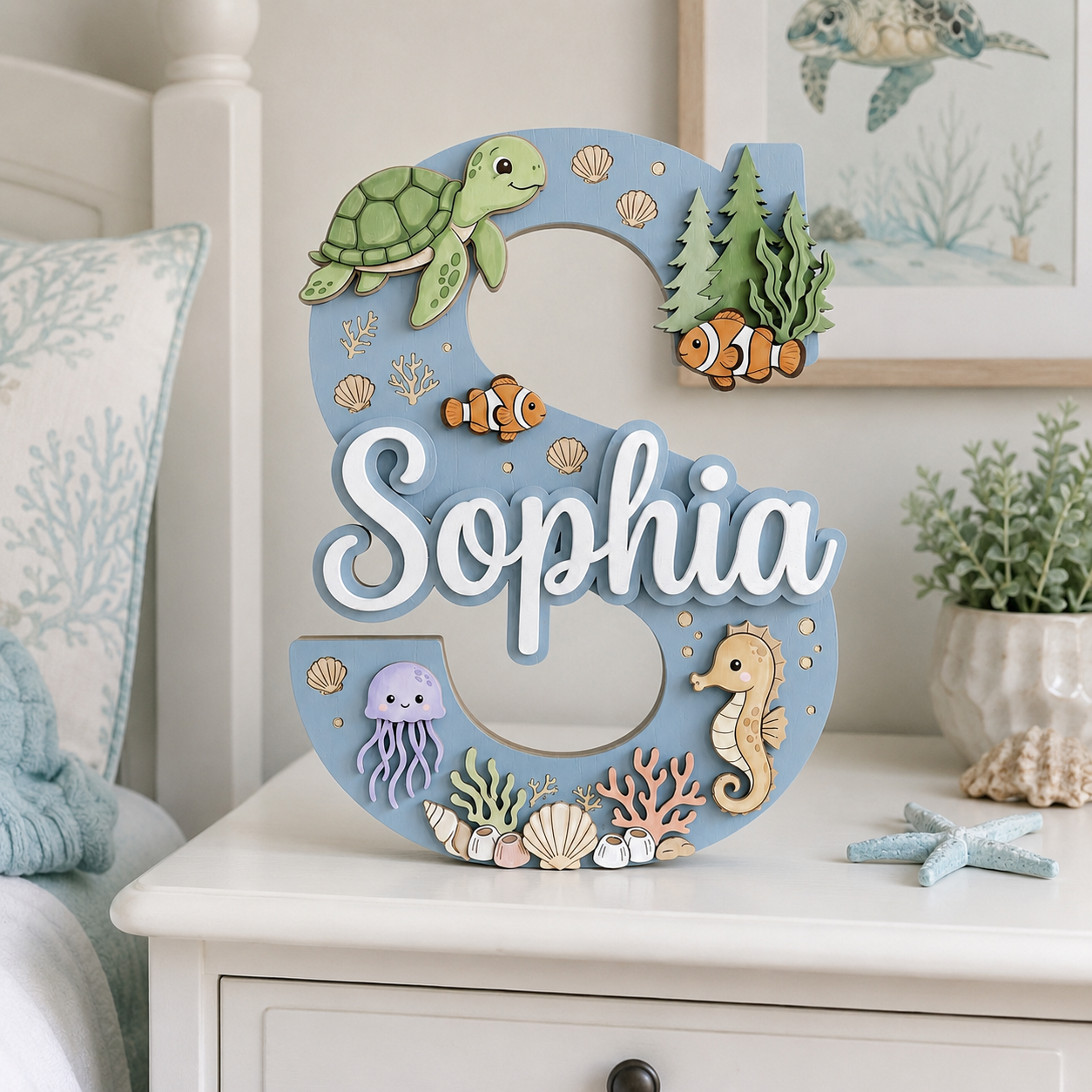 Personalized Ocean Name Sign, Sea Animals Nursery Wall Decor, Turtle Seahorse Kids Room Sign, Custom Baby Name Sign