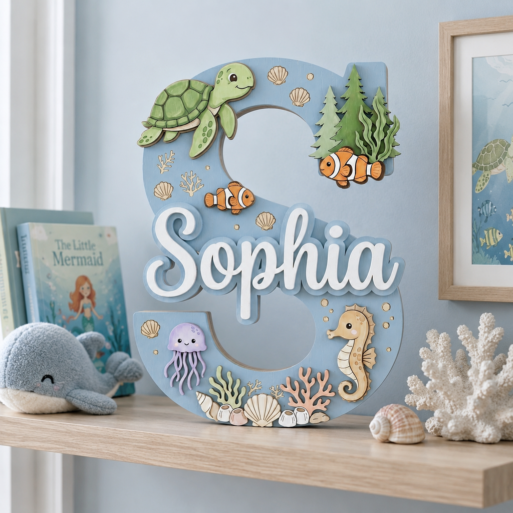 Personalized Ocean Name Sign, Sea Animals Nursery Wall Decor, Turtle Seahorse Kids Room Sign, Custom Baby Name Sign