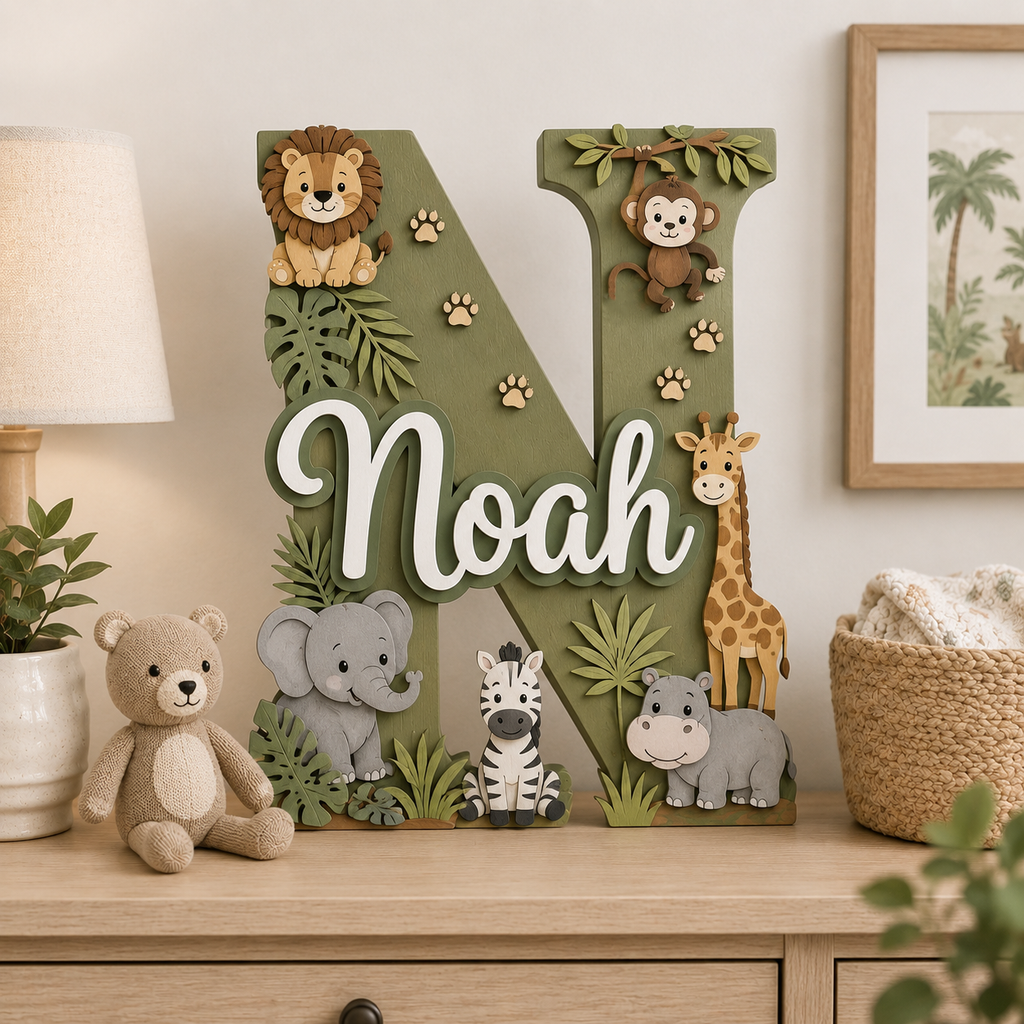 Personalized Safari Nursery Name Sign, Jungle Animals Nursery Decor, Lion Giraffe Elephant Baby Name Sign, Kids Room Wall Art