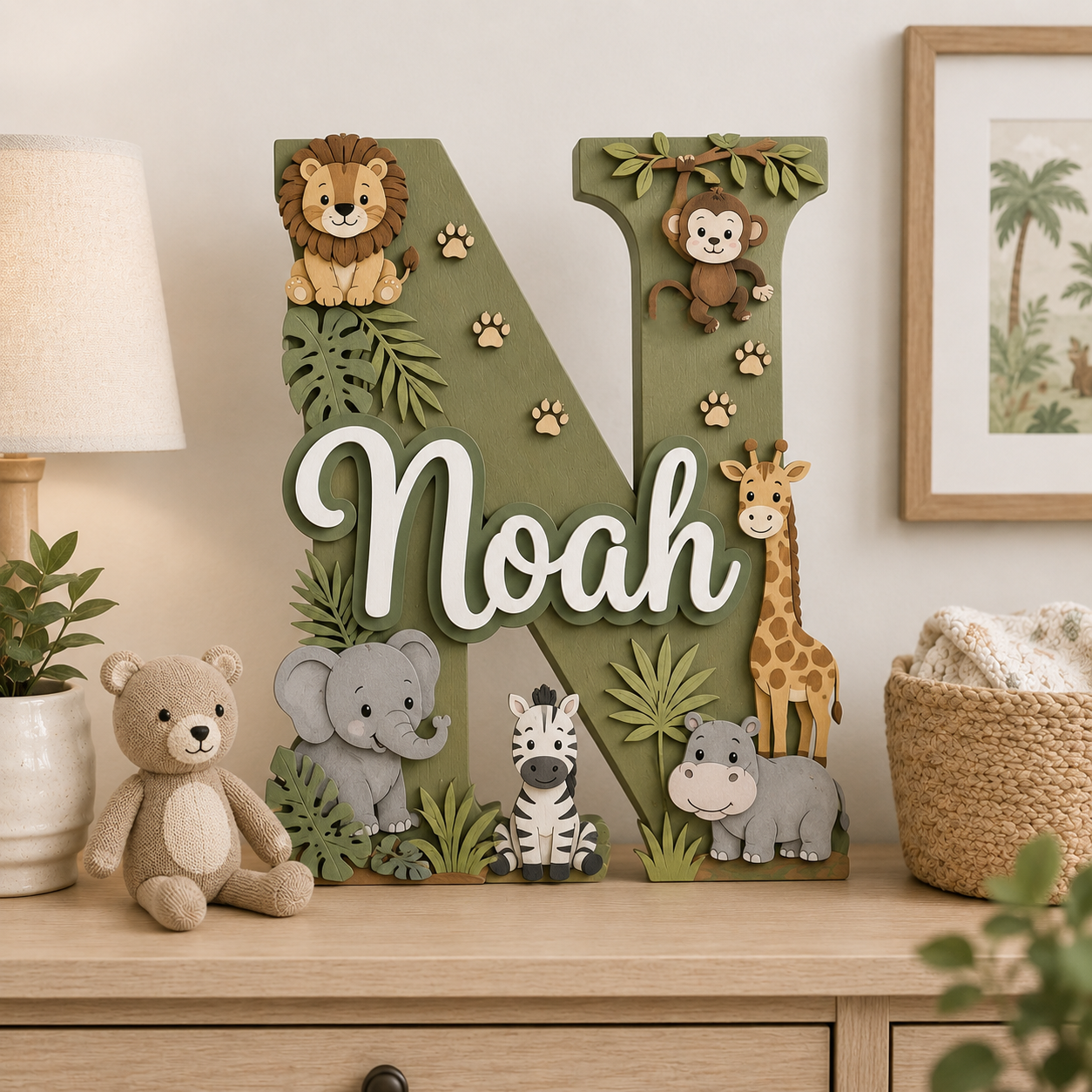 Personalized Safari Nursery Name Sign, Jungle Animals Nursery Decor, Lion Giraffe Elephant Baby Name Sign, Kids Room Wall Art